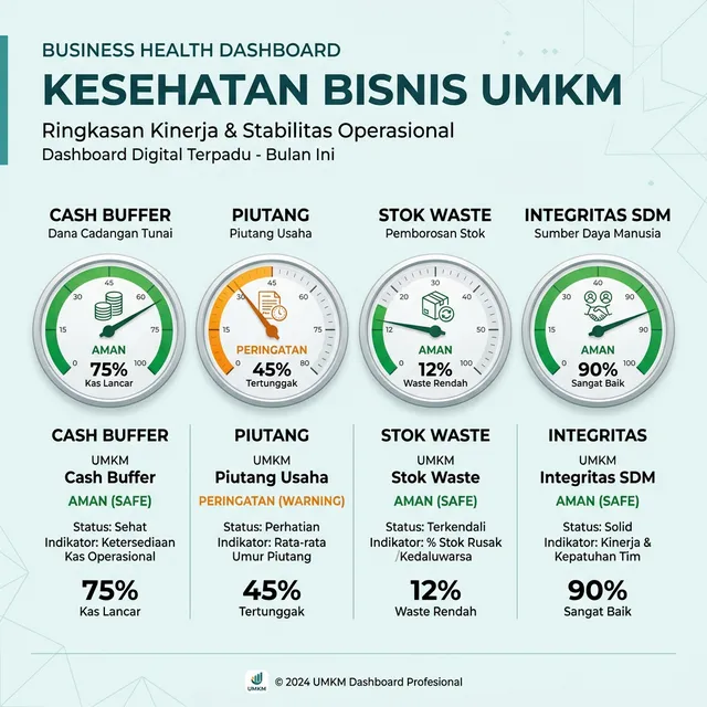 Dashboard Kesehatan Bisnis UMKM: Cash Buffer, Piutang, Stok, & SDM