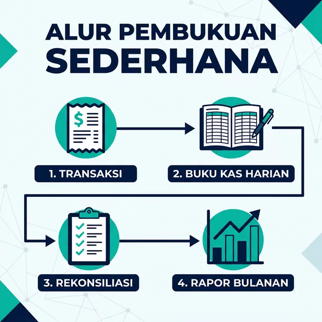 Infografis Alur Pembukuan Sederhana UMKM: Transaksi ke Rapor Bulanan