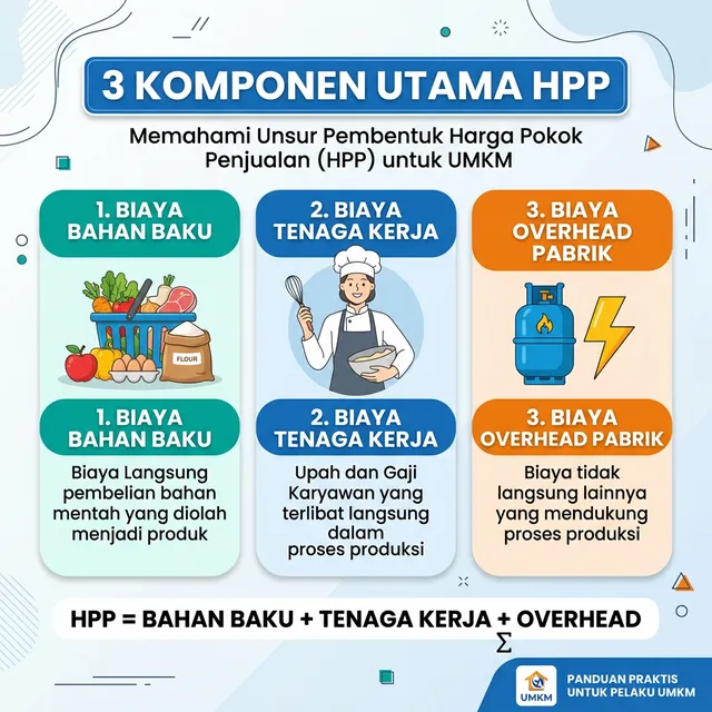 Infografis 3 Komponen HPP: Bahan Baku, Tenaga Kerja, dan Overhead