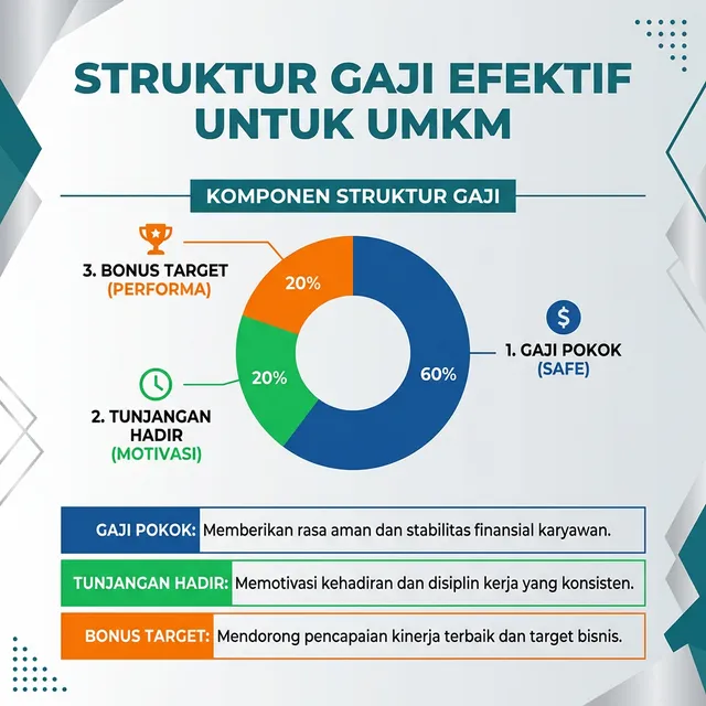 Infografis Struktur Gaji Efektif UMKM: Gaji Pokok, Tunjangan Hadir, & Bonus Target